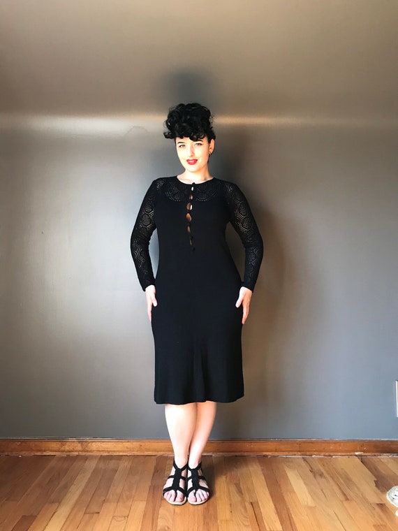 Vtg 60s 70s Black Knit Sweater Dress