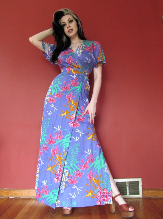 Vtg 70s 80s Tropical Wrap Dress