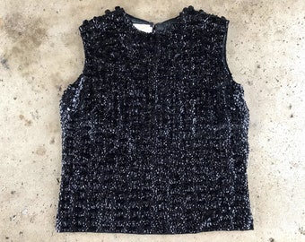 Vtg 60s Wool Sequin Beaded Party Top / Sleeveless 3D Sequin Sweater