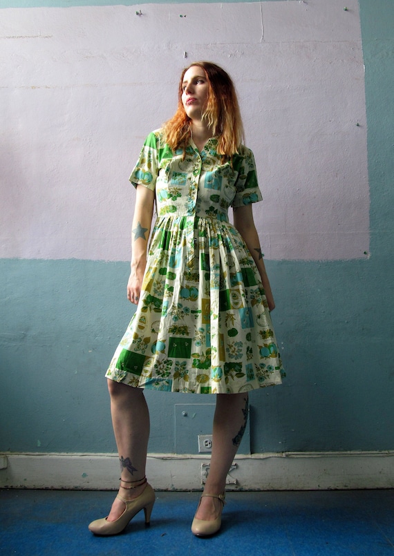 Vtg 40s 50s Shirtwaist Garden Novelty Print Dress