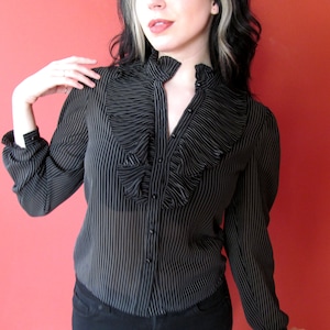 Vtg 70s Sheer Pinstripe Ruffle Blouse / Black Ruffled Blouse