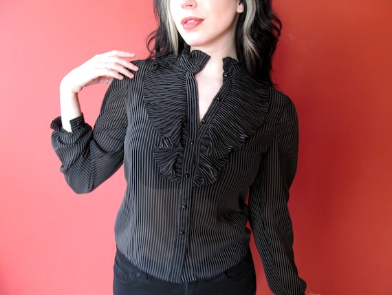 Vtg 70s Sheer Pinstripe Ruffle Blouse / Black Ruff