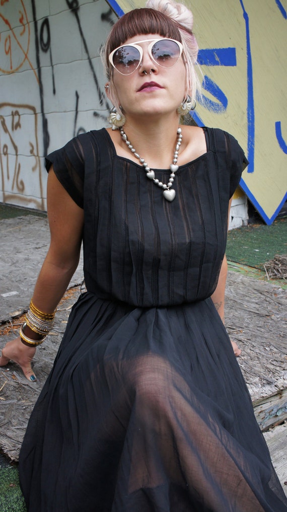 Vtg 50s Black Sheer Day Dress / LBD / R & K Origin
