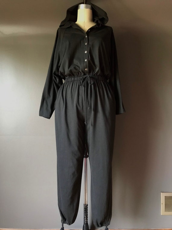 Vtg 80s Black Hooded Jumpsuit