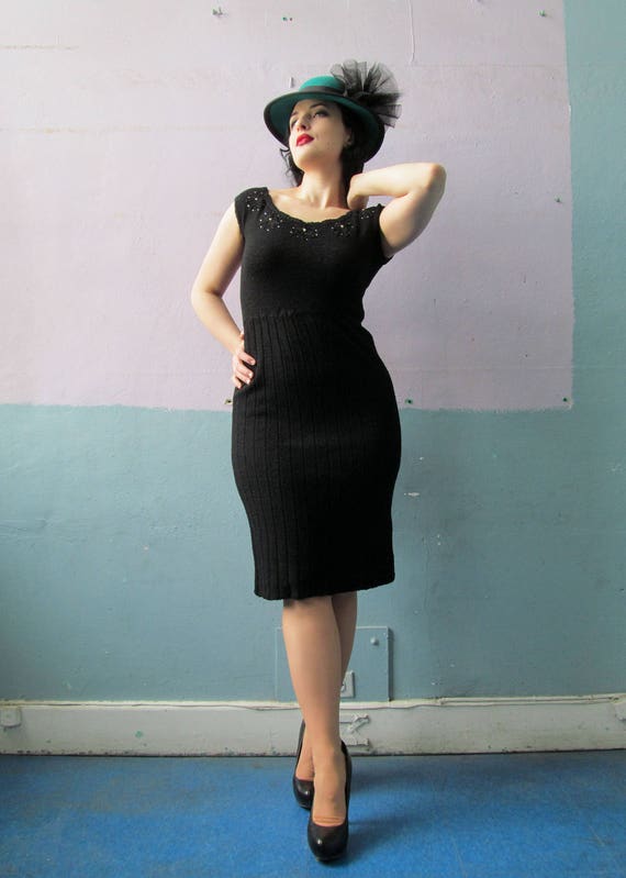 Vtg 40s 50s Knit Dress / Hourglass Bombshell / Cur