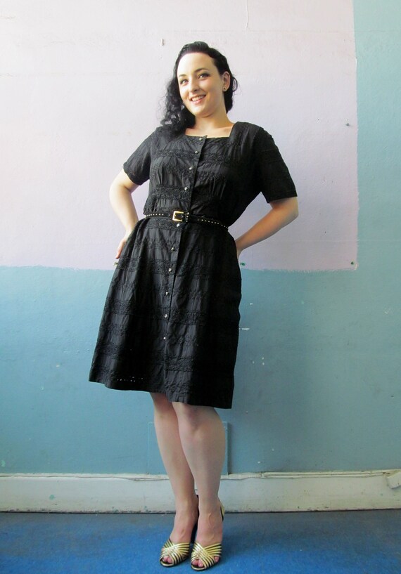 Vtg 50s Black Eyelet Dress