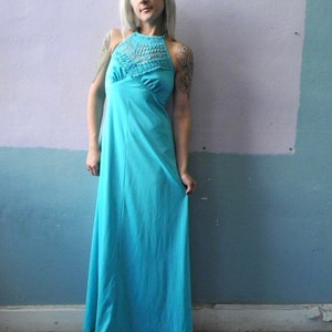 Vtg 60s 70s Blue Halter Maxi / Empire Waist / Boho Dress image 2