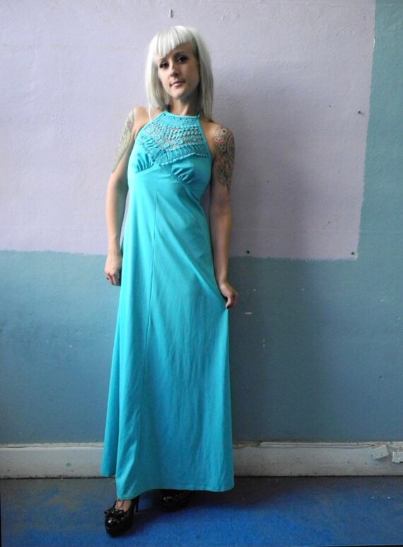 Vtg 60s 70s Blue Halter Maxi / Empire Waist / Boh… - image 2