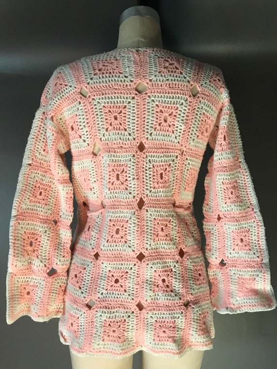 Vtg 70s Hand Knit Granny Square Cardigan Sweater - image 5