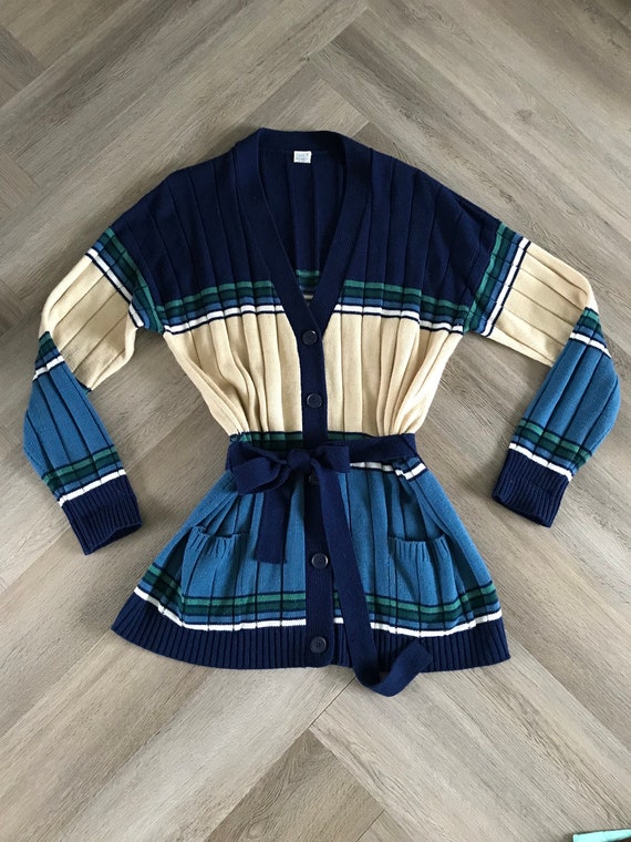 Vtg 70s Blue Striped Cardigan Sweater - image 2