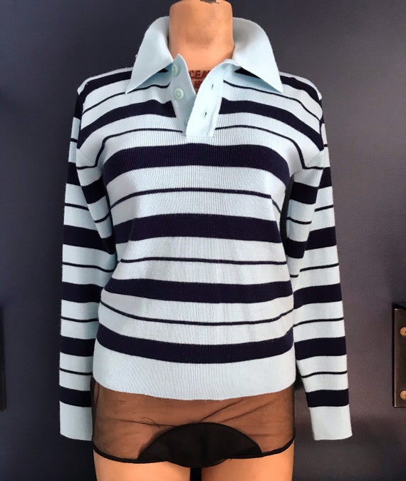 Vtg 70s Blue Striped Knit Shirt - image 2