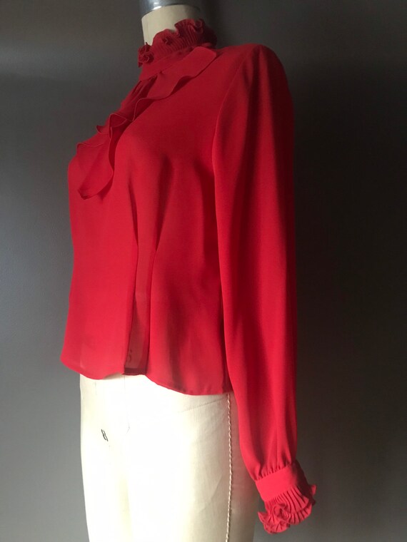 Vtg 70s 80s Red Blouse / High Neck Ruffle / Victo… - image 7