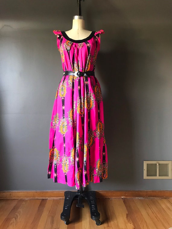 Vtg 60s Hot Pink Hawaiian Hostess Gown