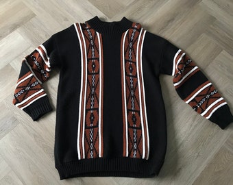 Vtg 70s Long Black & Brown Sweater