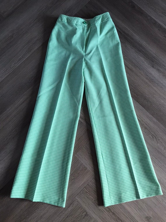 Vtg 70s Bell Bottom Pants / Lime Green Plaid - image 2
