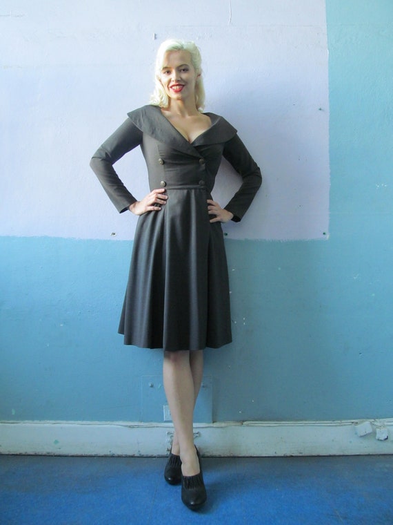 Vtg 40s 50s Dress / Retro Uniform / Double Breast… - image 1