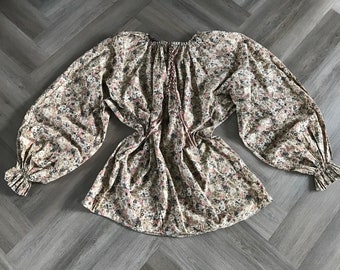 Vtg Handmade Floral Plus Size Prairie Blouse / Extremely Puffy Balloon Sleeve