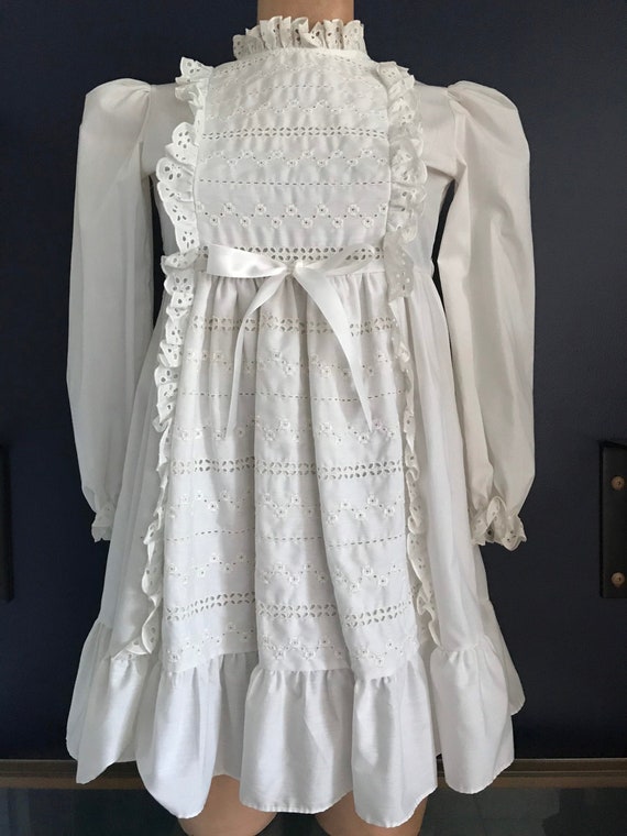 Vtg 70s White Prairie Style Ruffle & Eyelet Dress 