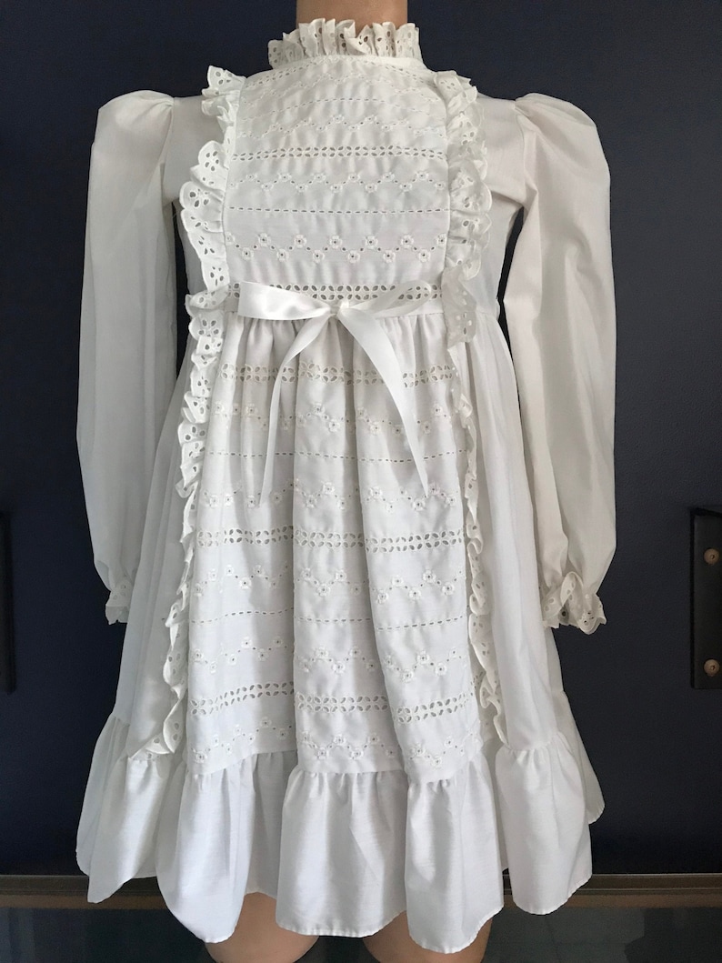 Vtg 70s White Prairie Style Ruffle & Eyelet Dress / Poof Sleeve Babydoll image 1