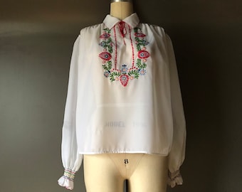 Vtg 70s Embroidered Folk Sheer Blouse