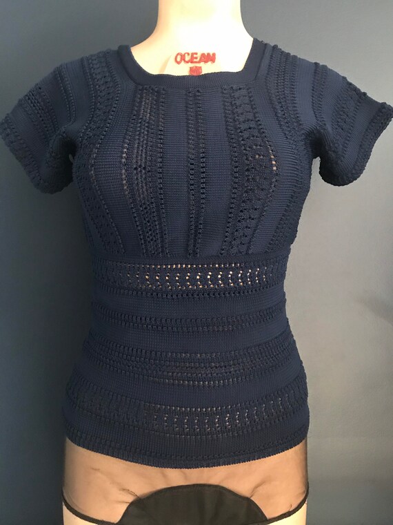 Vtg 70s Navy Blue Crochet Knit Shirt - image 7