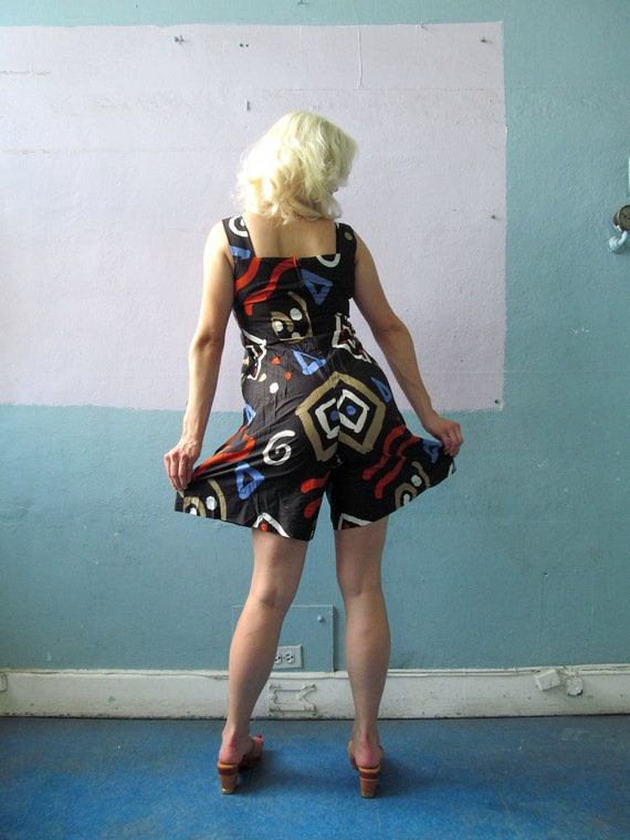 Vtg 50 60s Geometric Playsuit / Tiki Romper