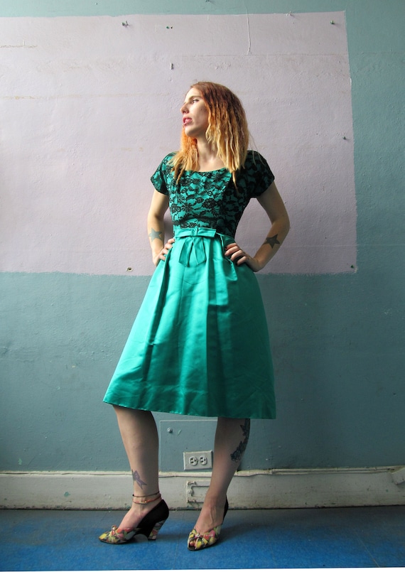 Vtg 50s 60s Green Party Dress