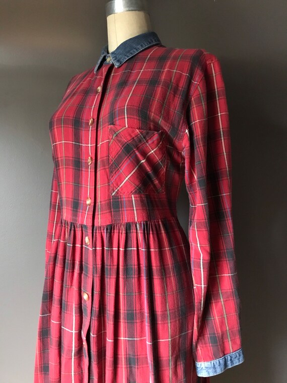 Vtg 90s Flannel Button Front Dress / Pockets and D