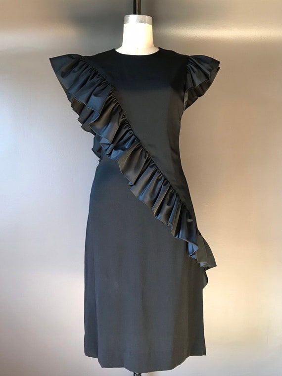 Vtg 70s 80s Lee Jordan Black Ruffle Dress