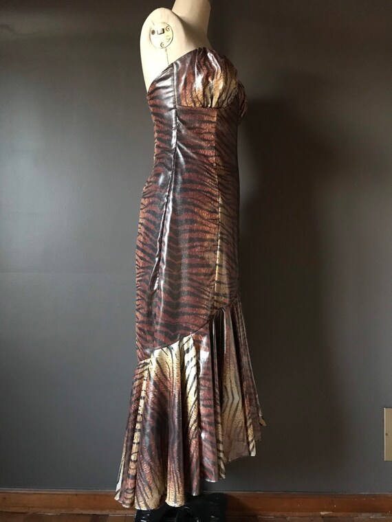 Vtg 80s Shiny Tiger Dress / Mermaid Hem - image 3