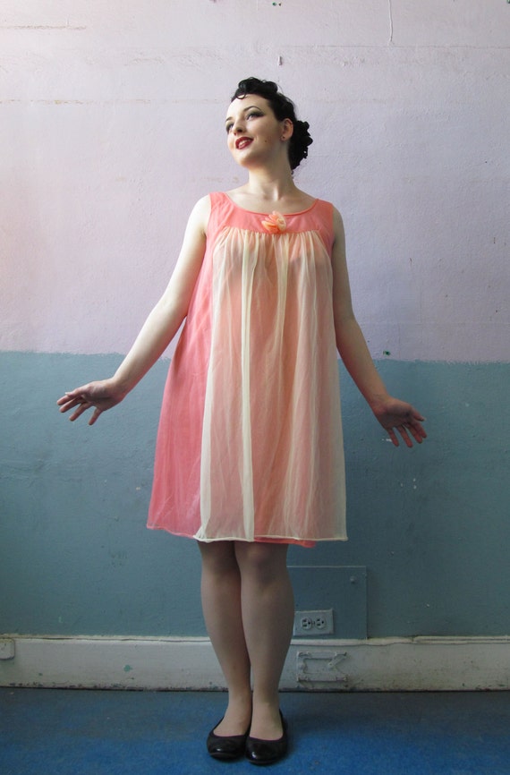 Vtg 60s Babydoll Pink And Peach Slip Dress - image 5
