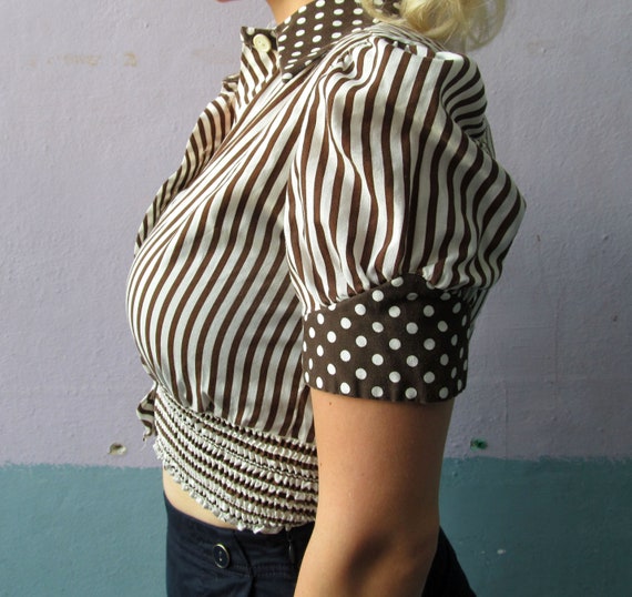 Vtg 60s 70s Button Up Blouse / Stripes and Polka … - image 5