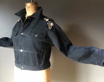 Vtg 80s 90s Black Denim Studded Crop Jacket / Squeeze Jeans