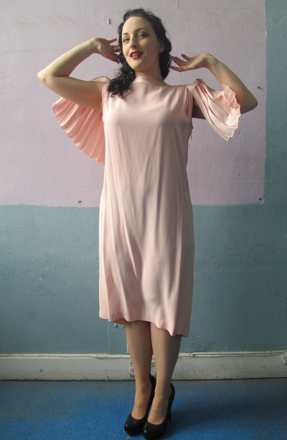 Vtg 70s 80s Pink Dress / Accordian Epaulette Shou… - image 3