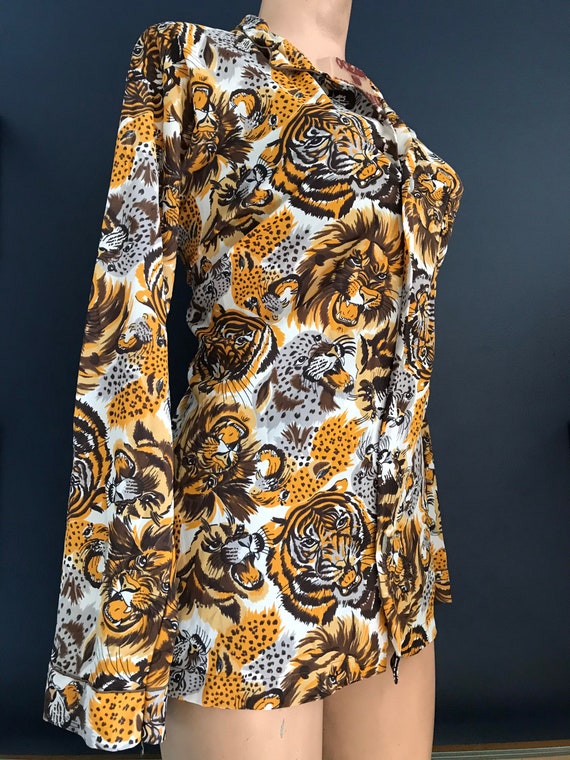 Vtg 70s Exotic Leopard Shirt / Tigers & Lions / Ju