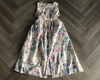 Vtg Tie Back Button Front Floral Botanical Species Dress