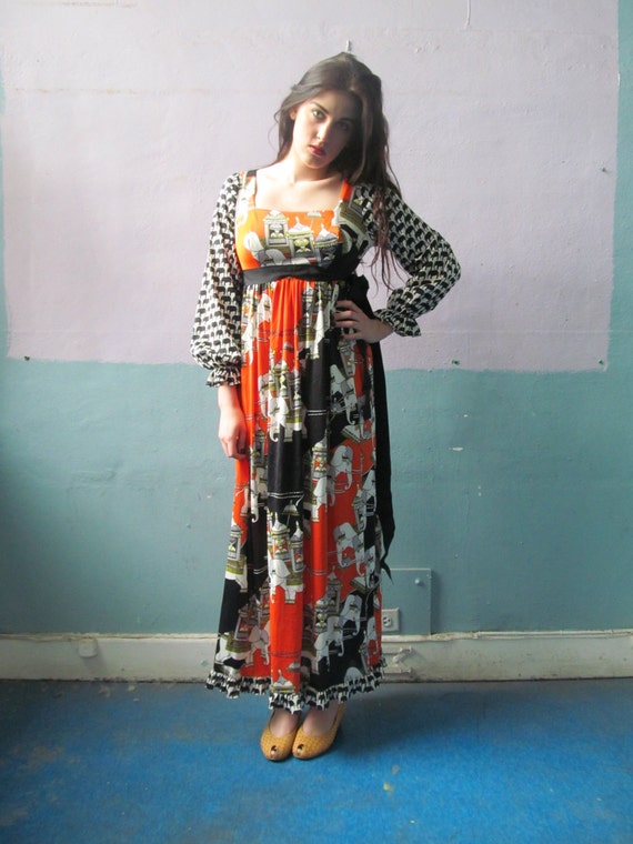 Vtg 70s Kamehameha Ethnic Elephant Print Maxi Dres