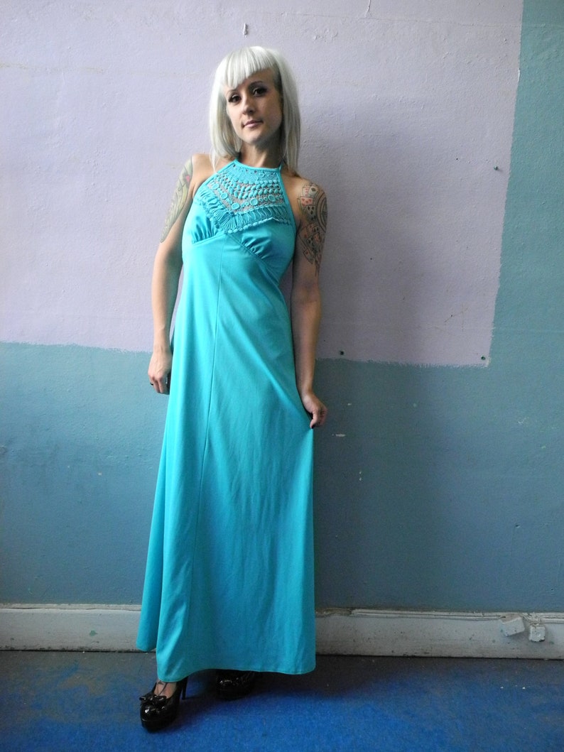 Vtg 60s 70s Blue Halter Maxi / Empire Waist / Boho Dress image 6