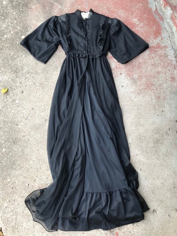 Vtg 60s 70s Black Peignoir Slip Dress Set