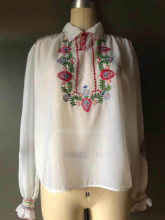 Vtg 70s Embroidered Folk Sheer Blouse - image 2