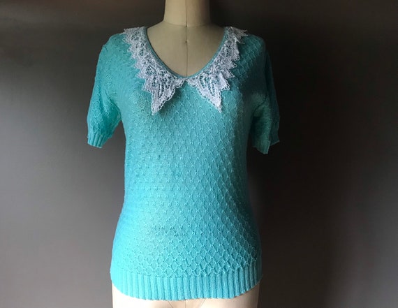 Vtg 70s 80s Lace Collar Sweater Knit Blouse - image 2