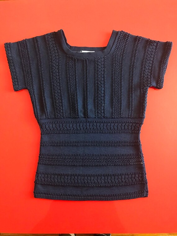 Vtg 70s Navy Blue Crochet Knit Shirt - image 8