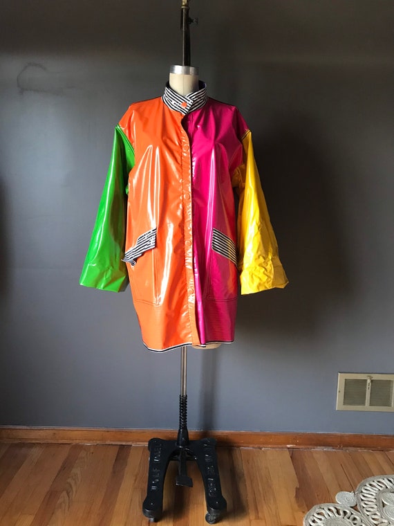 Vtg 80s Vinyl Reversible Rain Coat / Slicker