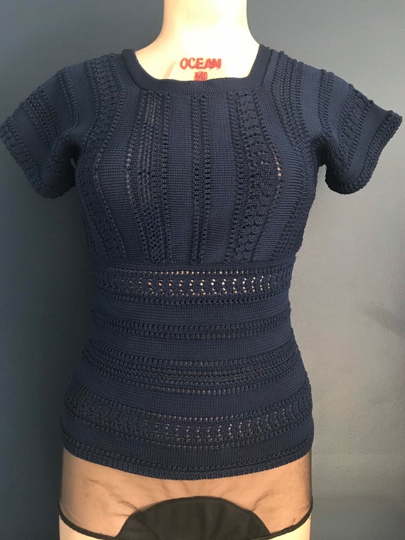 Vtg 70s Navy Blue Crochet Knit Shirt - image 2