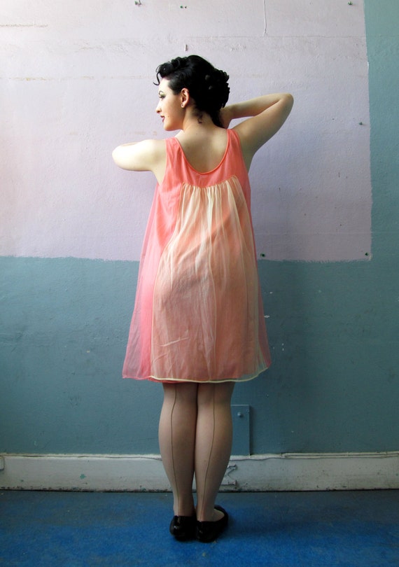 Vtg 60s Babydoll Pink And Peach Slip Dress - image 3