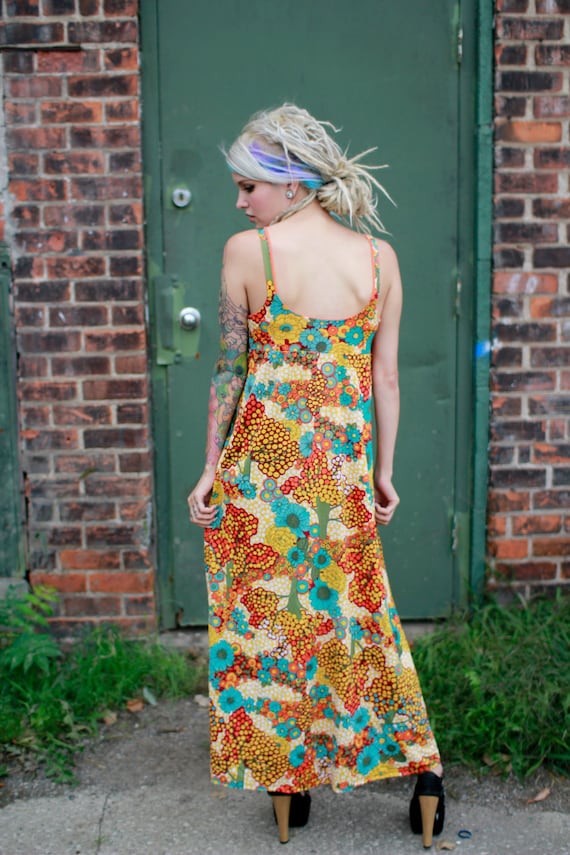 Vtg 60s Psychedelic Maxi Dress / Mod Tree Print - image 4