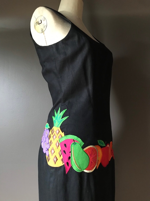 Vtg 80s Tropical Fruit Wiggle Linen Appliqué Dress