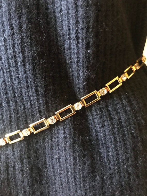 Vtg 80s Chain Link Belt / CZ Rhinestone / Gold Ton