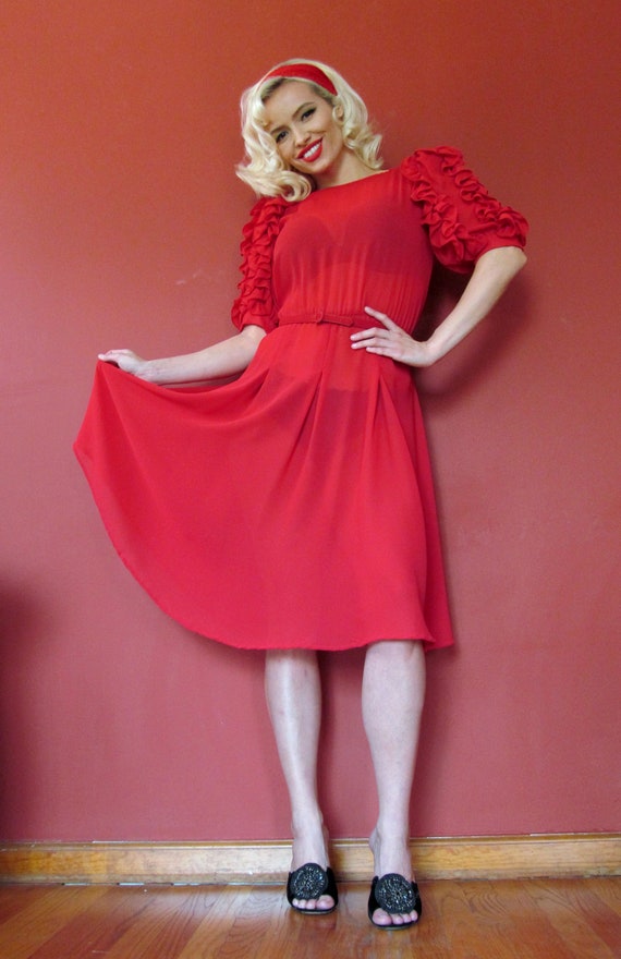 Vtg 70s 80s Sheer Red Dress / Amazing Ruffle Sleev