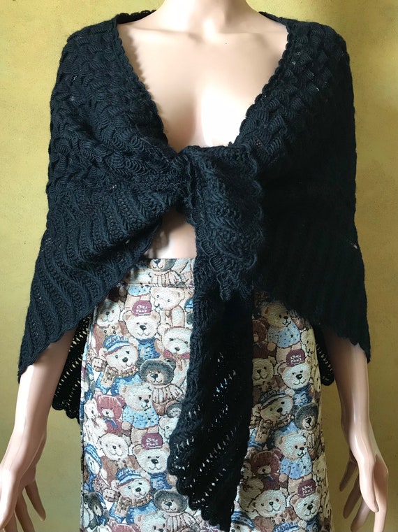 Vtg 70s Black Wool Shawl Wrap - image 6